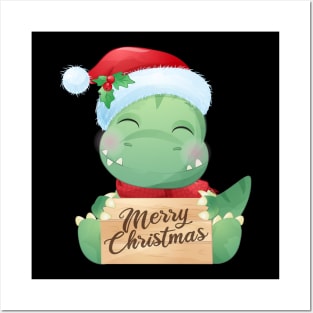 Cute Christmas T Rex Dinosaur Wishing Merry Christmas Posters and Art